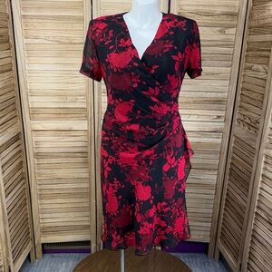 Sheri Martin Dress Elegant Red Floral Wrap Mid Knee Short Sleeve Size 16